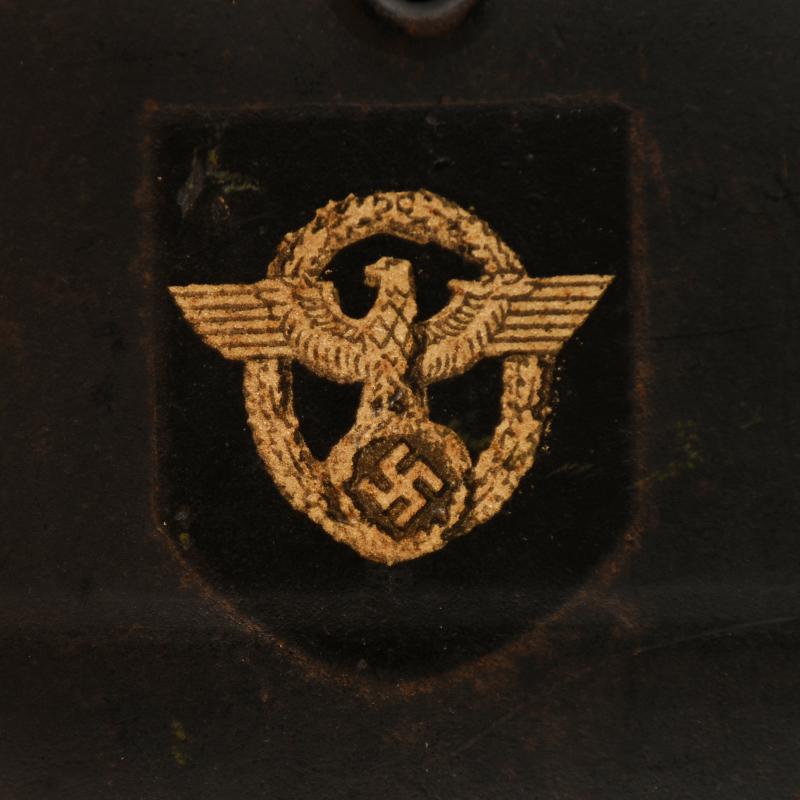 GERMAN WWII POLICE M.40 BEADED DOUBLE DECAL SEMI COMBAT HELMET WITH NON BORDERED DECAL.