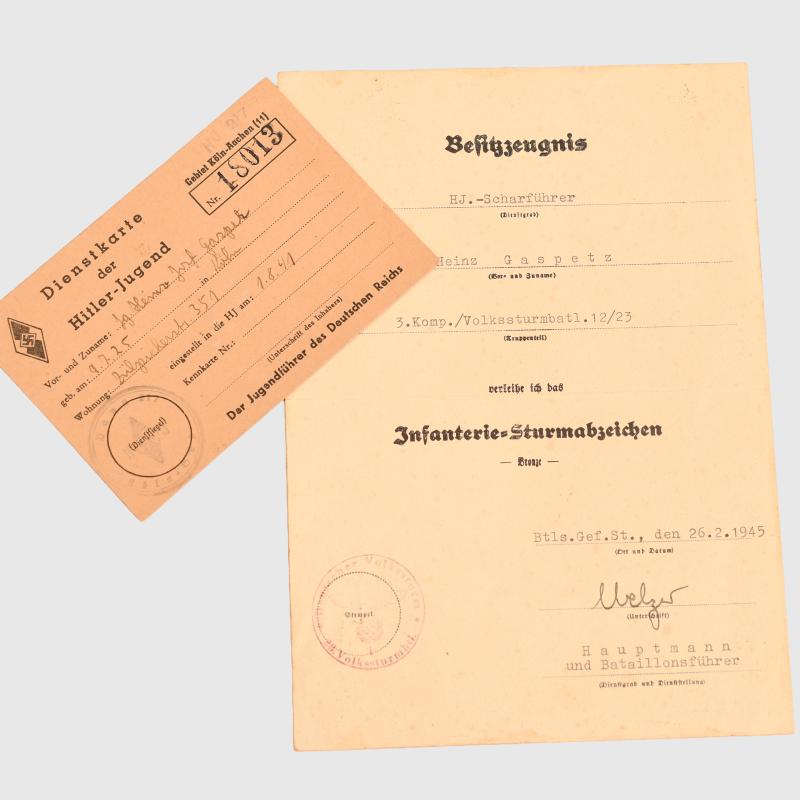 GERMAN WWII HITLER YOUTH DEFENCE OF BRESLAU 1945 CITATION AND MEMBERSHIP CARD.