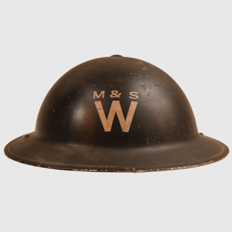 BRITISH WWII MANSFIELD & SON SHOE FACTORY WARDEN’S HELMET.