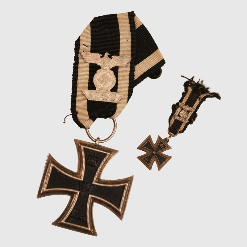 GERMAN WWII, WWI IRON CROSS 2ND CLASS, AND MATCHING MINIATURE.