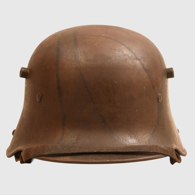 GERMAN WWI M.17 CAMOUFLAGE TRENCH HELMET WITH ORIGINAL CHINSTRAP AND LINER.