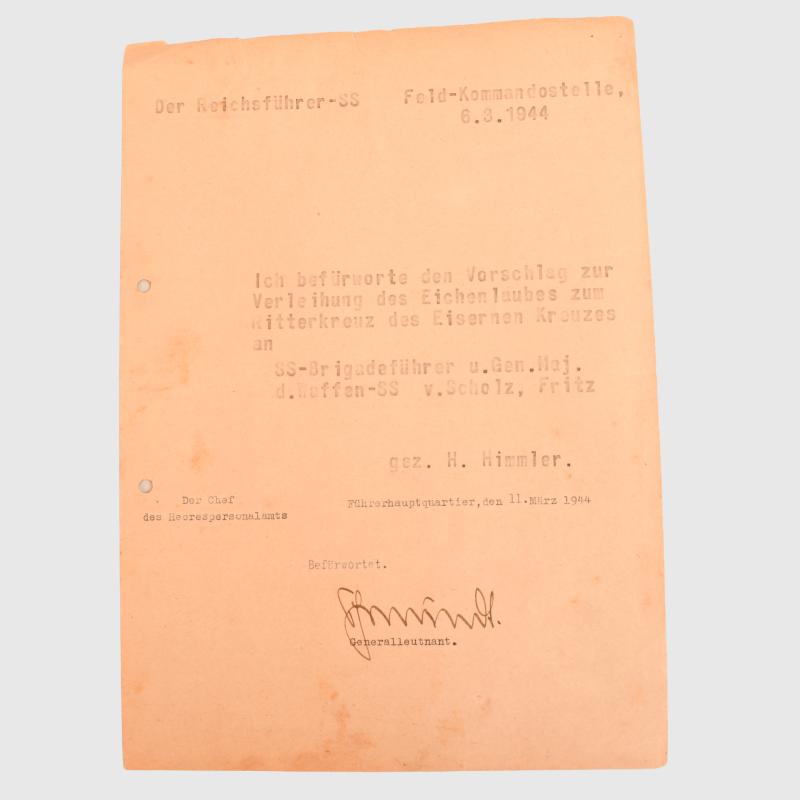 RECOMMENDATION LETTERS FOR THE OAKLEAVES FOR SS BRIGARDEFUHRER FRITZ VON SCHOLZ.