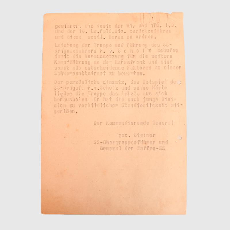 RECOMMENDATION LETTERS FOR THE OAKLEAVES FOR SS BRIGARDEFUHRER FRITZ VON SCHOLZ.